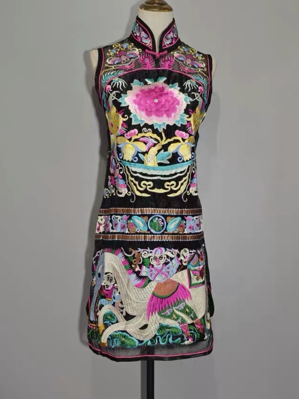 Vintage Chinese Embroidered Qipao Cheongsam Floral Bird Mini Dress XS